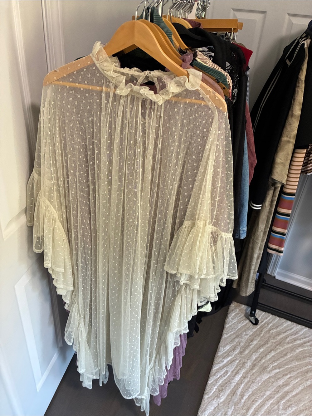 Free People Ivory Sheer Polka-Dot Ruffle Tunic